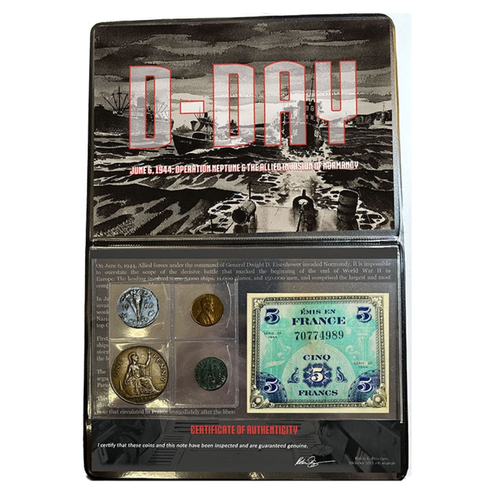 World War Two: D-Day 1944 Invasion Of Normandy 5 Pc Banknotes & Coin Set.